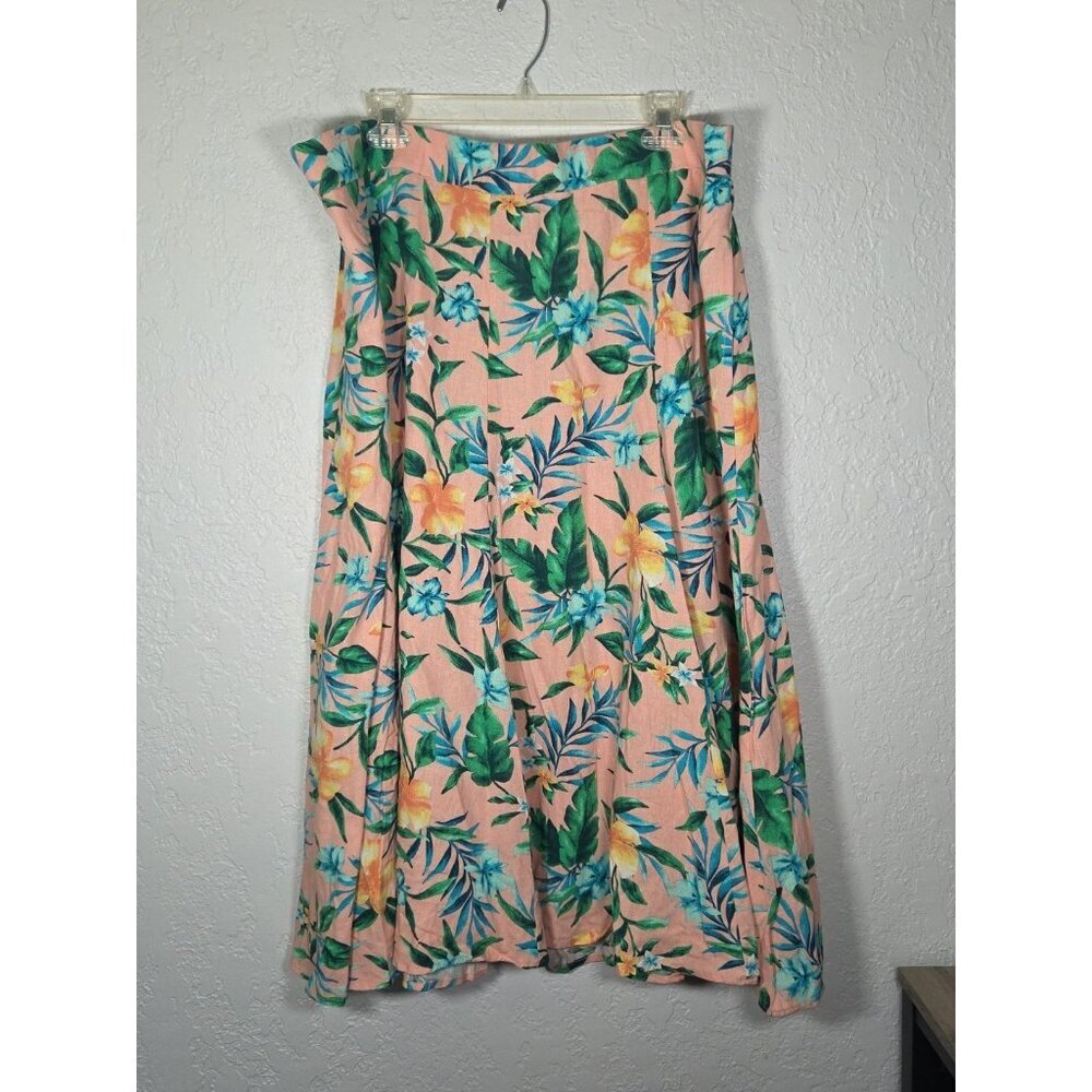 Woman Within Linen Blend Pink Tropical Floral A-Line Skirt 1X 22/24 Petite